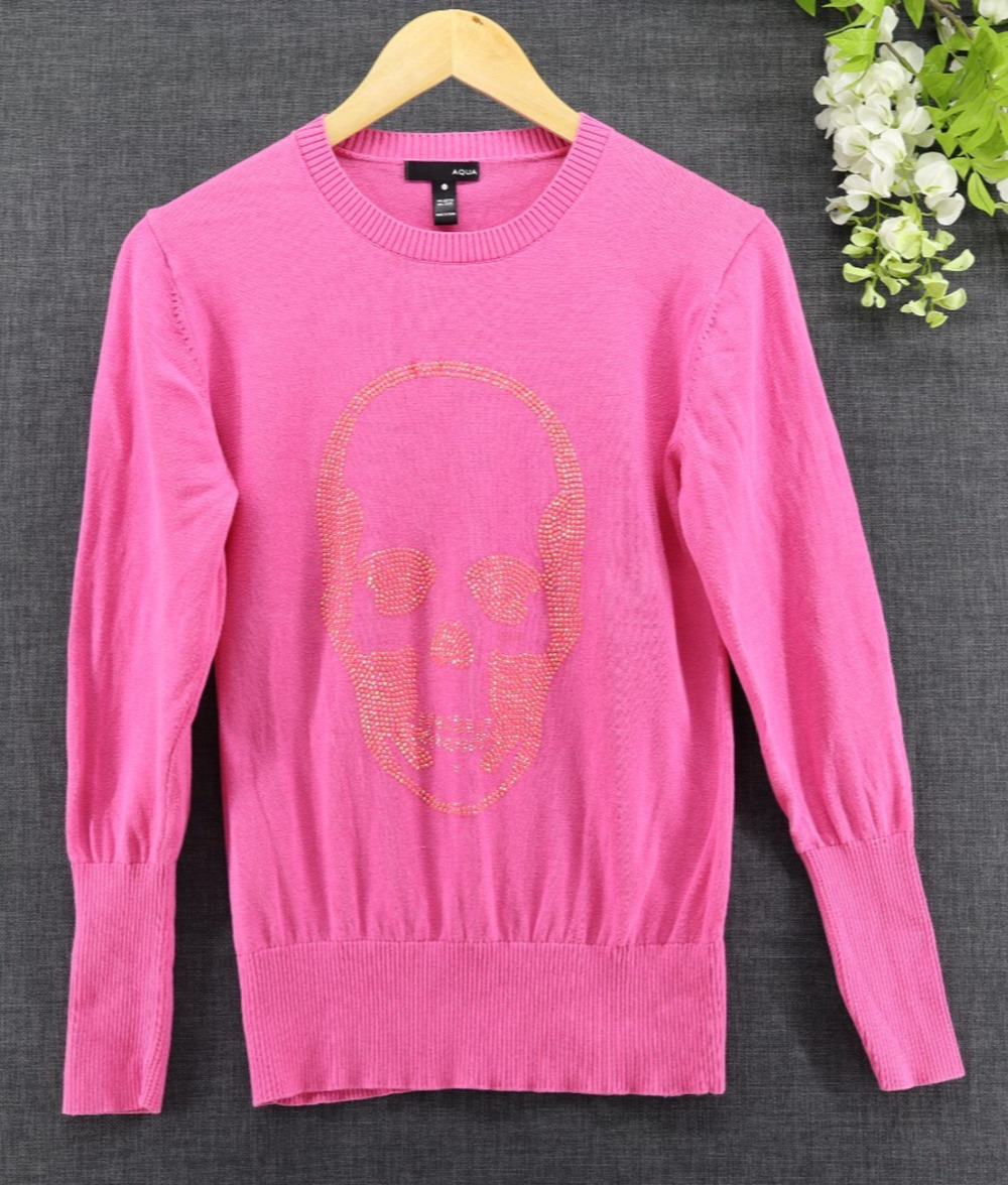 Aqua Pink Skull Sweater Studded Rhinestone Graphic Cotton L Emo Grunge Goth